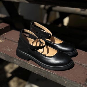 Women’s black leather and suede shoes, handmade ankle strap ballet shoes, casual Mary Jane shoes, closed round toe flats, formal shoes