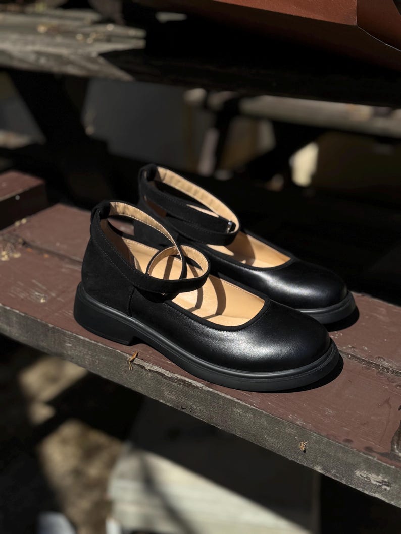 Women’s black leather and suede shoes, handmade ankle strap ballet shoes, casual Mary Jane shoes, closed round toe flats, formal shoes