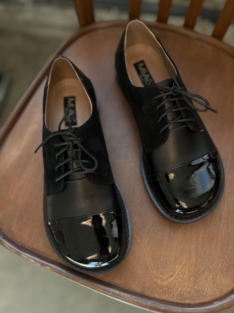 Women’s Barefoot Black Leather Oxford Shoes, Brogue Shoes, Formal Tie Shoes, Custom Color Shoes, Business Dress Code Shoes, Wide Fit Shoes