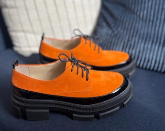 Womens color block leather platform shoes, custom made orange suede oxfords, chunky brogue shoes ladies, handmade stylish bright tie shoes