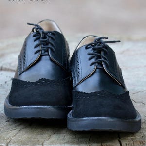 Womens Handmade Leather Suede Color Block Lace-Up Shoes, Black Oxford Shoe, Free Customization