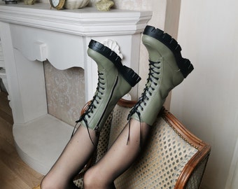 Women’s military boots, black leather boots, handmade high boots, genuine leather shoes, color combat khaki boots, platform shoes