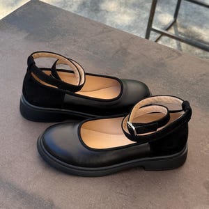 Women’s black leather and suede shoes, handmade ankle strap ballet shoes, casual Mary Jane shoes, closed round toe flats, formal shoes