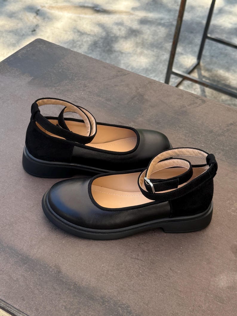 Women’s black leather and suede shoes, handmade ankle strap ballet shoes, casual Mary Jane shoes, closed round toe flats, formal shoes