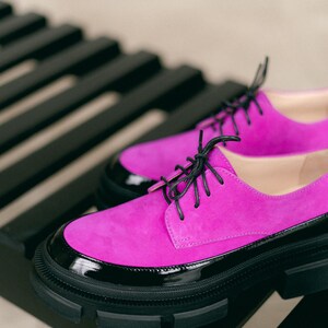 Women’s Leather Platform Shoes, Handmade Oxford Shoes, Color Block Suede Shoes, Office Shoes, Black and Pink Shoe, Tie Shoes, Wide Shoes