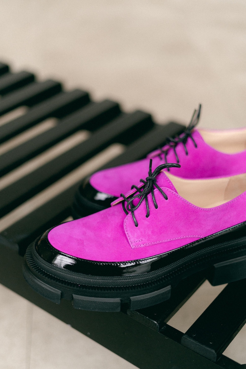 Women’s Leather Platform Shoes, Handmade Oxford Shoes, Color Block Suede Shoes, Office Shoes, Black and Pink Shoe, Tie Shoes, Wide Shoes