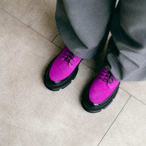 Women’s Leather Platform Shoes, Handmade Oxford Shoes, Color Block Suede Shoes, Office Shoes, Black and Pink Shoe, Tie Shoes, Wide Shoes