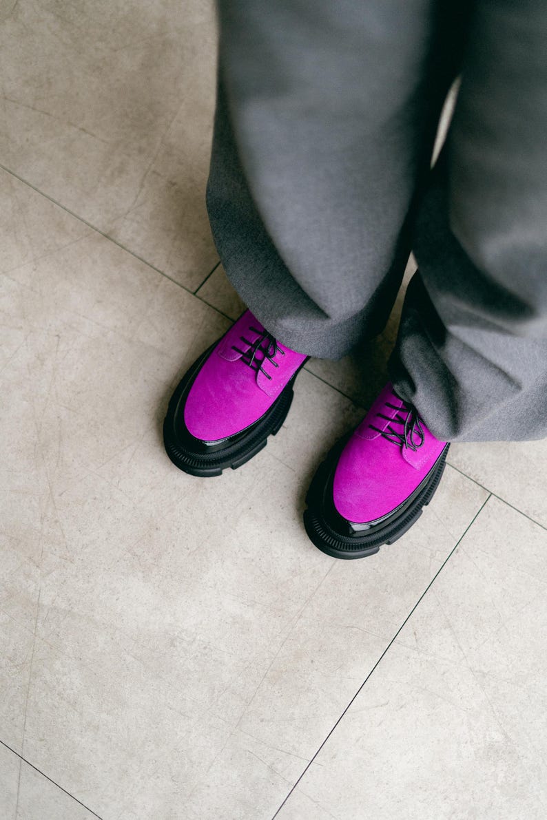 Women’s Leather Platform Shoes, Handmade Oxford Shoes, Color Block Suede Shoes, Office Shoes, Black and Pink Shoe, Tie Shoes, Wide Shoes