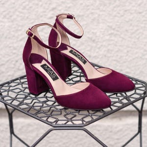 Wedding suede leather shoes, high heel burgundy shoes, fashion closed toe pumps, special occasion women’s shoes, handmade suede shoes