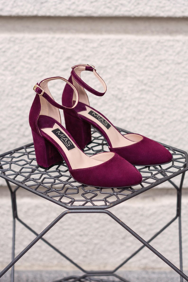 Wedding suede leather shoes, high heel burgundy shoes, fashion closed toe pumps, special occasion women’s shoes, handmade suede shoes