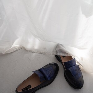 Classic leather loafer shoes women, dress shoes, flat slip on shoes, navy blue loafers, casual flats, unique custom made shoes women