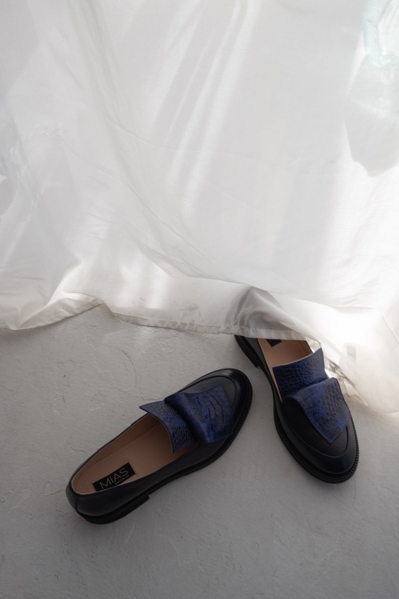 Classic leather loafer shoes women, dress shoes, flat slip on shoes, navy blue loafers, casual flats, unique custom made shoes women