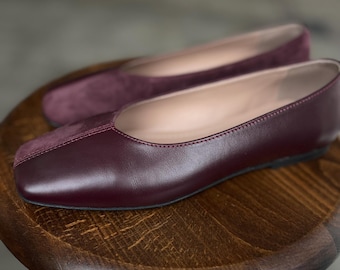 Stylish Burgundy Leather Ballet Flats with Square Toe Box - Customizable Options, Square Toe Ballet Shoes for Women in Various Colors