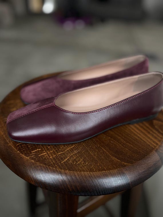Stylish Burgundy Leather Ballet Flats with Square Toe Box - Customizable Options, Square Toe Ballet Shoes for Women in Various Colors