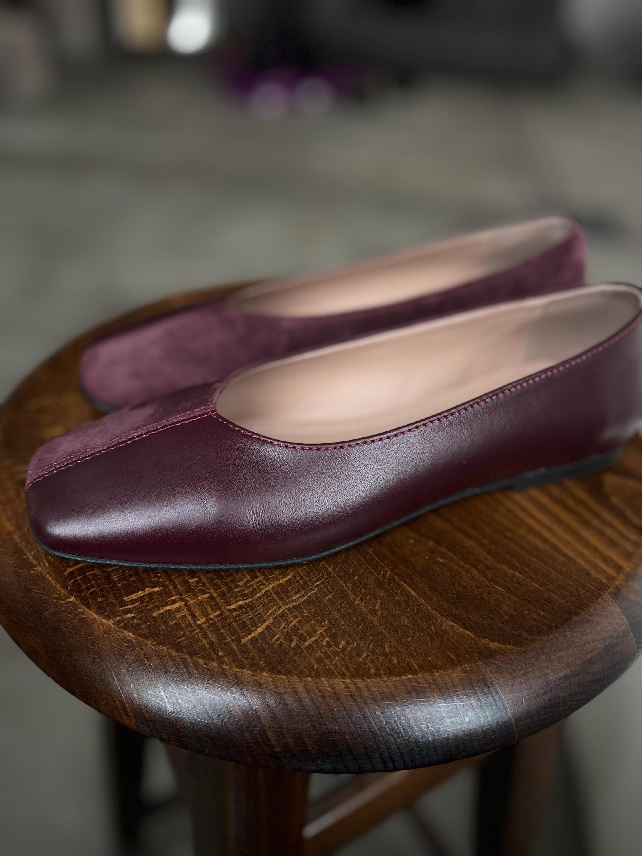 Stylish Burgundy Leather Ballet Flats with Square Toe Box - Customizable Options, Square Toe Ballet Shoes for Women in Various Colors Stylish Burgundy Leather Ballet Flats with Square Toe Box - Customizable Options, Square Toe Ballet Shoes for Women in Various Colors