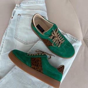 Women’s soft leather sneakers, green suede trainers,  platform sneakers, wide fit shoes, custom made shoes, retro sneakers, walking shoes