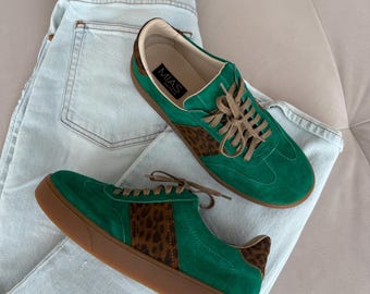 Women’s soft leather sneakers, green suede athletic shoes,  platform sneakers, wide fit shoes, custom made shoes, retro sneakers