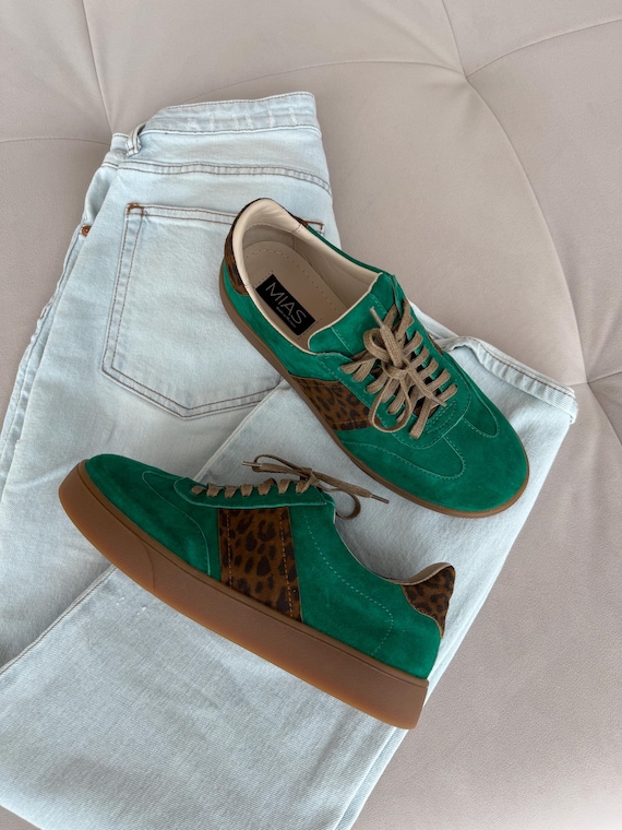 Women’s soft leather sneakers, green suede athletic shoes,  platform sneakers, wide fit shoes, custom made shoes, retro sneakers