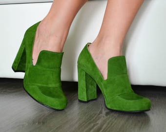 Kendra - High Heel Loafer Shoes, Genuine Leather Pumps, Green Suede Shoe, Fashion Booties, Wedding Shoe, Bridal Shoe, Special Occasion Pumps
