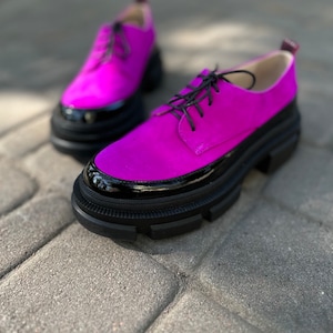 Womens oxford shoes, brogue shoes women, chunky platform shoes, dress office shoes, wide fit shoes ladies, custom hot pink leather shoes