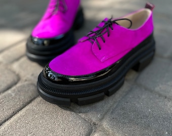 Womens oxford shoes, brogue shoes women, chunky platform shoes, dress office shoes, wide fit shoes ladies, custom hot pink leather shoes
