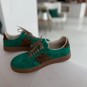 Women’s soft leather sneakers, green suede trainers,  platform sneakers, wide fit shoes, custom made shoes, retro sneakers, walking shoes