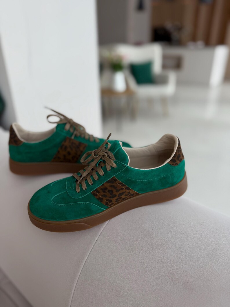 Women’s soft leather sneakers, green suede trainers,  platform sneakers, wide fit shoes, custom made shoes, retro sneakers, walking shoes