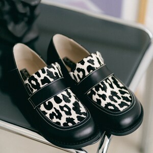 Womens barefoot loafer shoes, calfskin fur loafers, wide fit shoes, black shoes, animal print leather shoes, ladies dress shoes