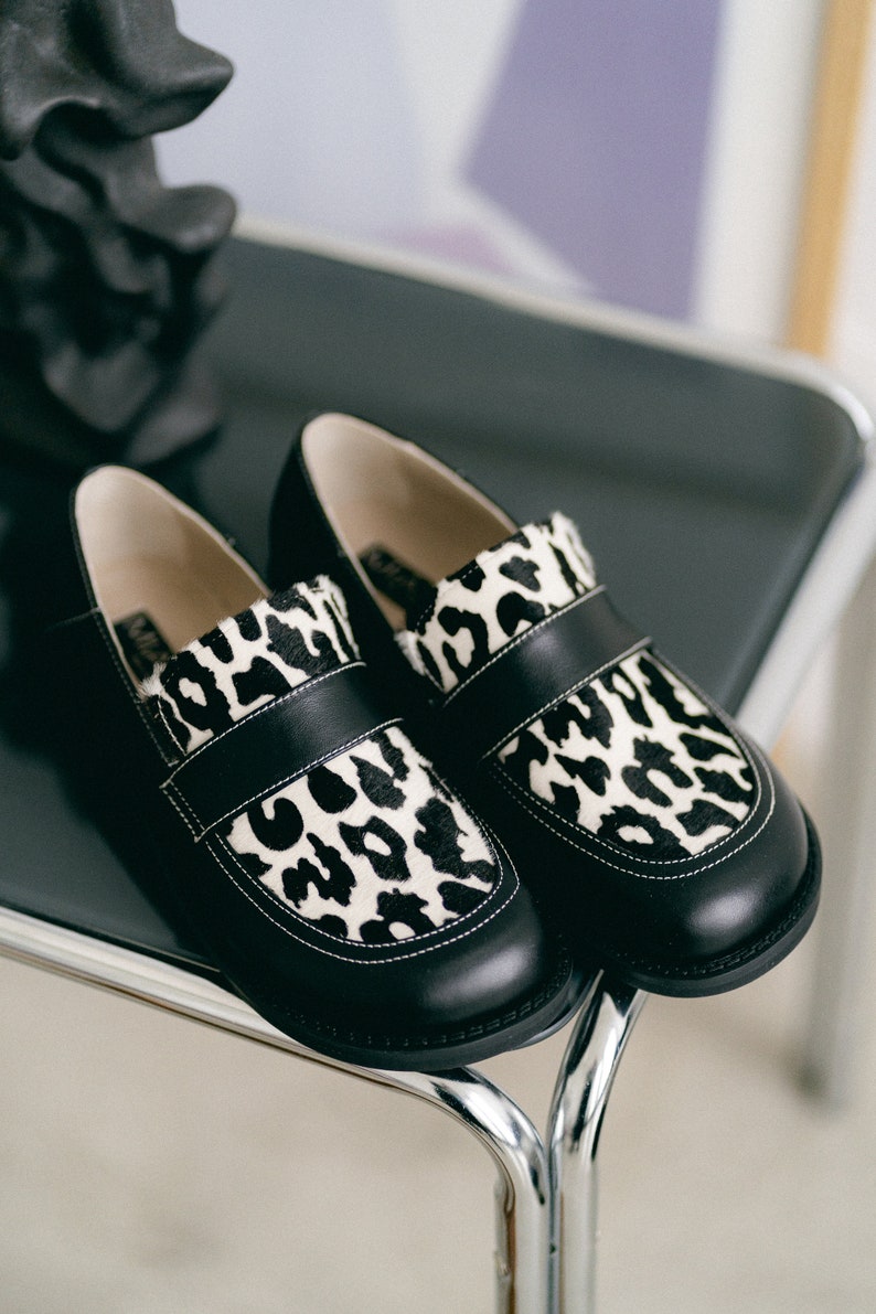 Womens barefoot loafer shoes, calfskin fur loafers, wide fit shoes, black shoes, animal print leather shoes, ladies dress shoes