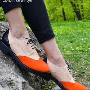 Womens Handmade Leather Suede Color Block Lace-Up Shoes, Black Oxford Shoe, Free Customization