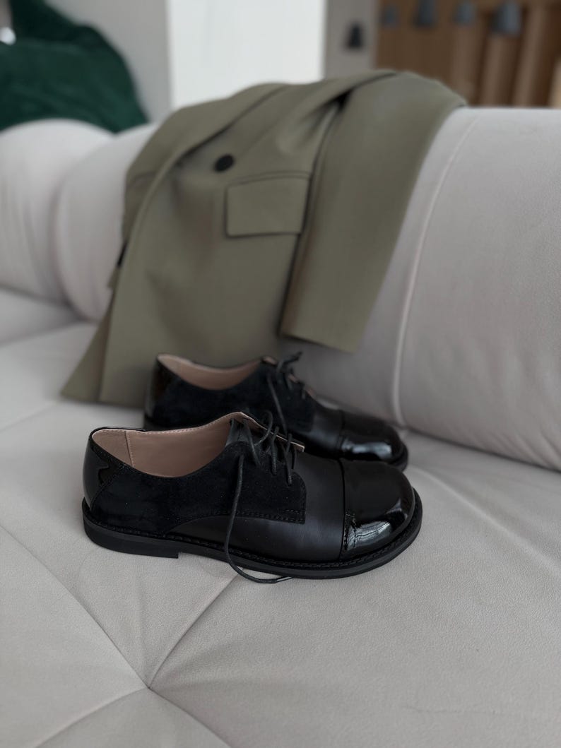 Women’s Barefoot Black Leather Oxford Shoes, Brogue Shoes, Formal Tie Shoes, Custom Color Shoes, Business Dress Code Shoes, Wide Fit Shoes