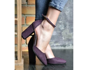 Custom High Heel Purple Suede Shoes, Wedding Shoes, Closed Toe Pumps, Black Dress Shoe, Handmade Bridal Shoes, Free Customization