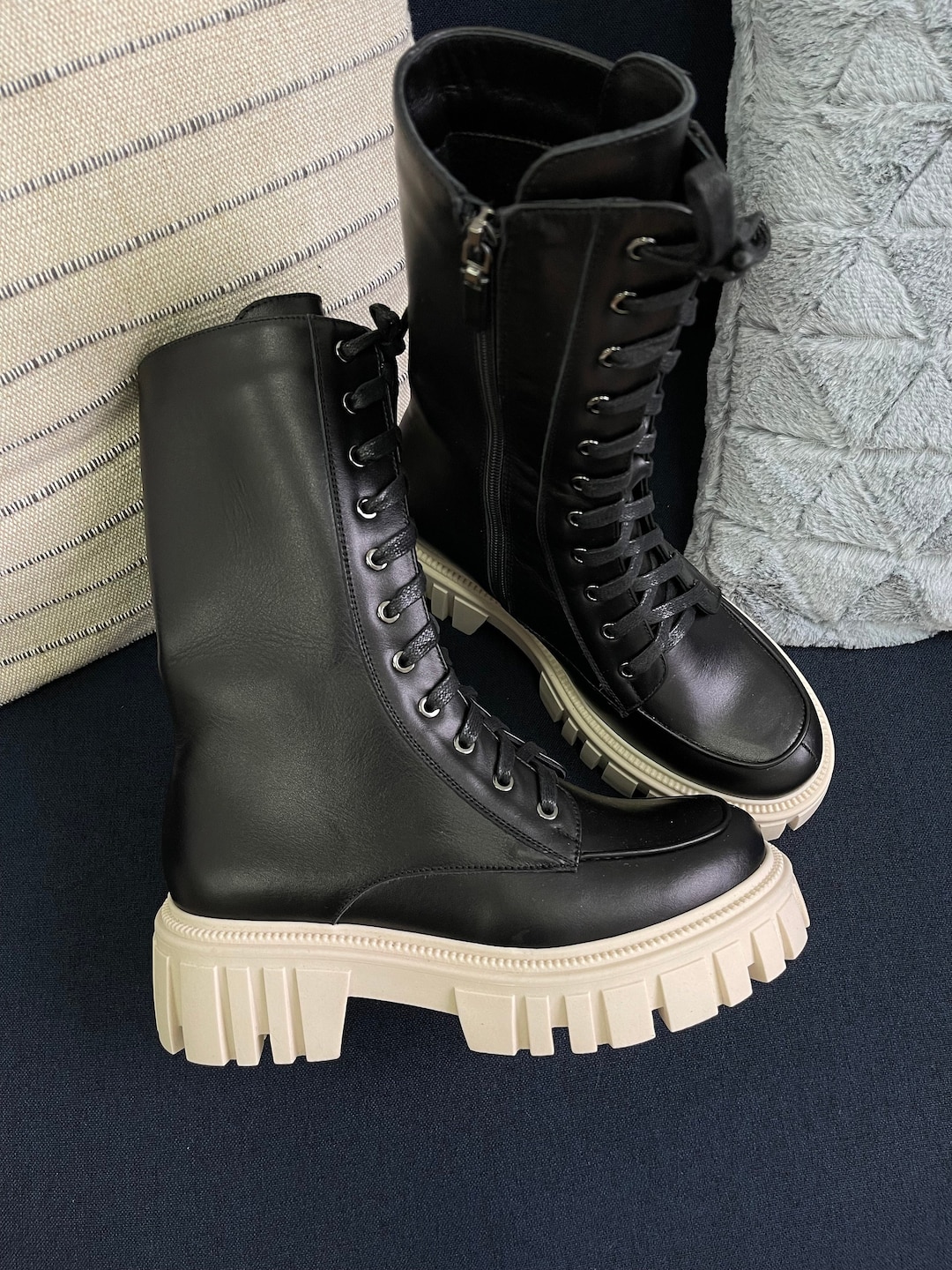 Adele Genuine Leather Combat Boots Military Style Footwear Etsy
