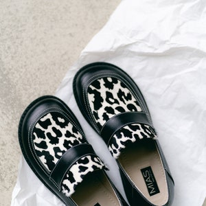 Womens barefoot loafer shoes, calfskin fur loafers, wide fit shoes, black shoes, animal print leather shoes, ladies dress shoes