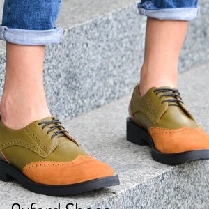 Womens Handmade Leather Suede Color Block Lace-Up Shoes, Black Oxford Shoe, Free Customization