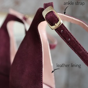 Wedding suede leather shoes, high heel burgundy shoes, fashion closed toe pumps, special occasion women’s shoes, handmade suede shoes