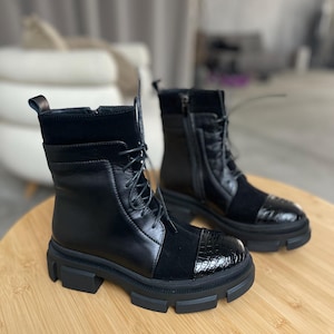 Women&#39;s Black Leather Boots, Combat Ankle Boots, Military High Boots, Chunky Sole Boots, Brutal Suede Boots, Handmade Lace Up Boots