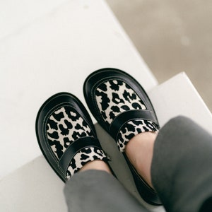 Womens barefoot loafer shoes, calfskin fur loafers, wide fit shoes, black shoes, animal print leather shoes, ladies dress shoes