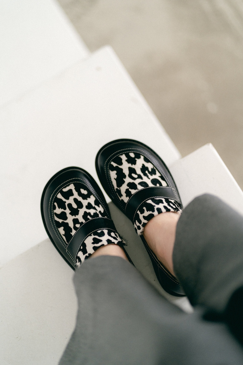 Womens barefoot loafer shoes, calfskin fur loafers, wide fit shoes, black shoes, animal print leather shoes, ladies dress shoes