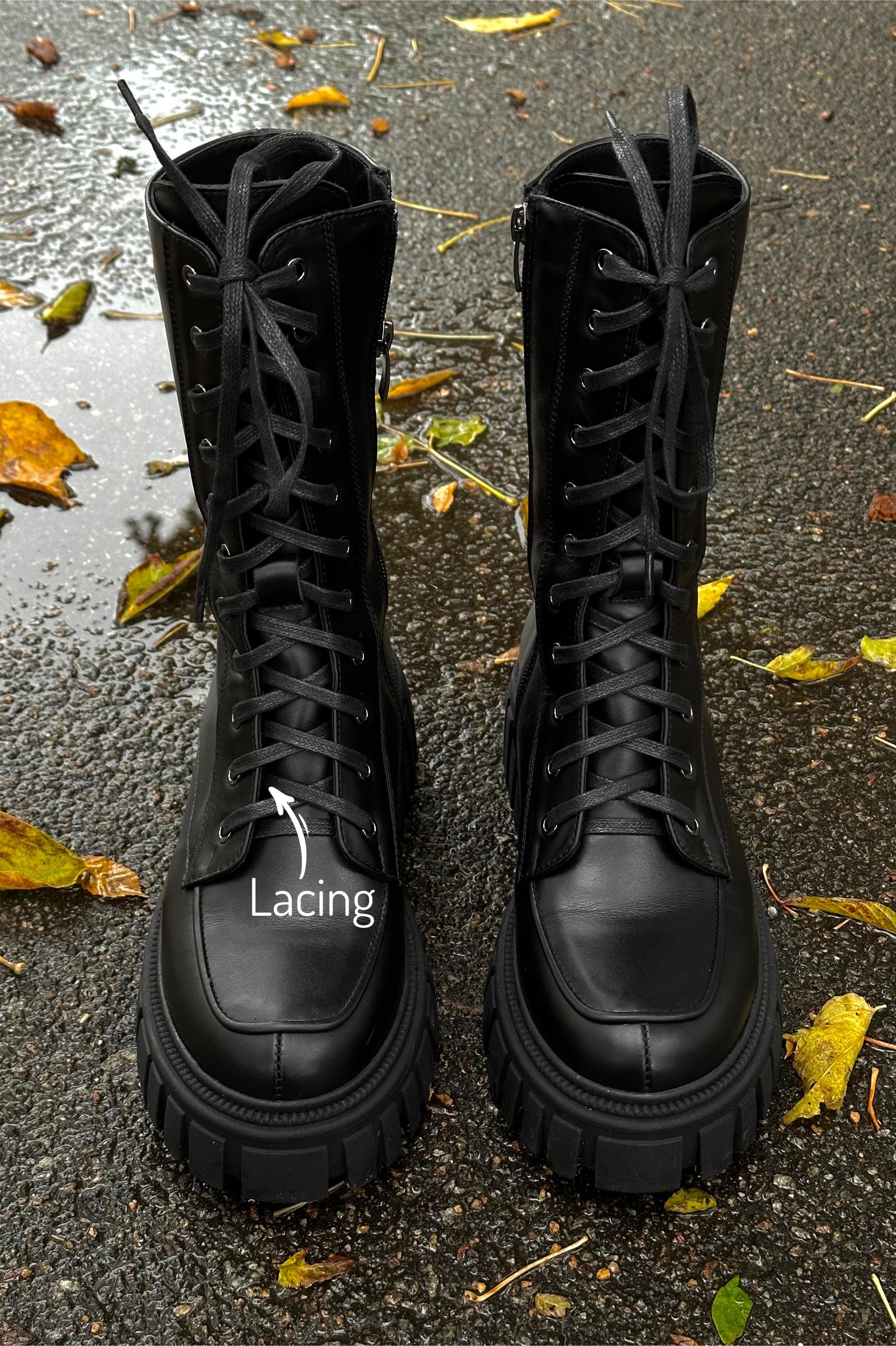 Womens Soft Leather Combat Boots, Platform Chunky Boots 