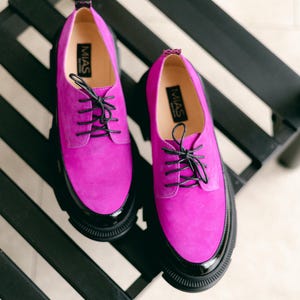 Women’s Leather Platform Shoes, Handmade Oxford Shoes, Color Block Suede Shoes, Office Shoes, Black and Pink Shoe, Tie Shoes, Wide Shoes