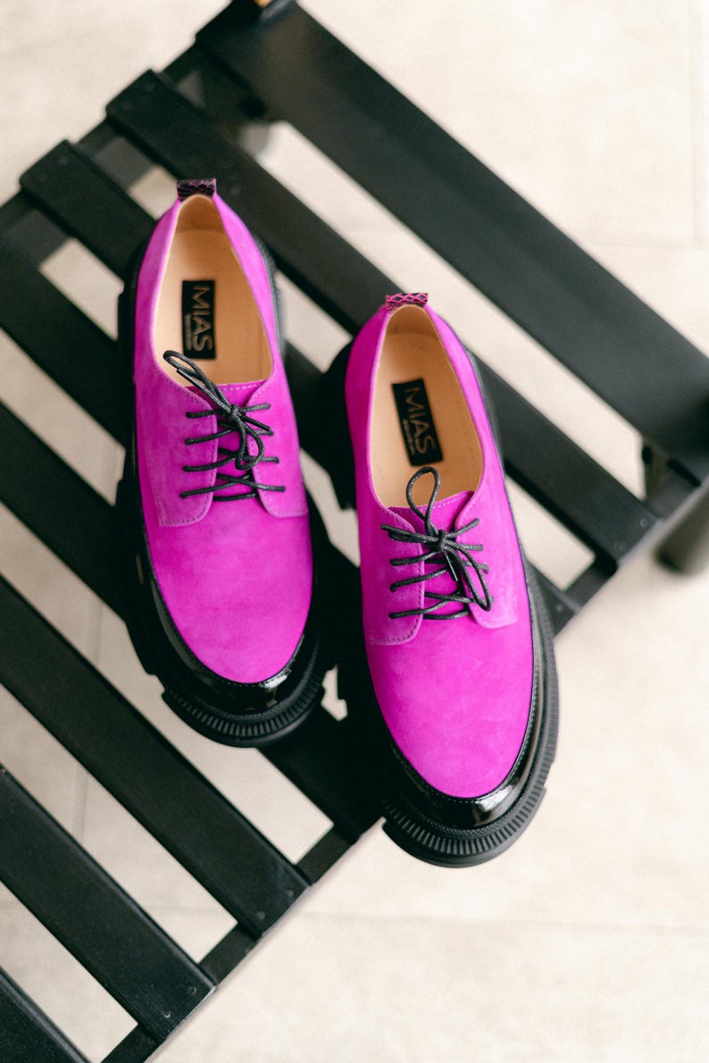 Women’s Leather Platform Shoes, Handmade Oxford Shoes, Color Block Suede Shoes, Office Shoes, Black and Pink Shoe, Tie Shoes, Wide Shoes