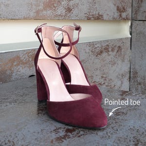 Wedding suede leather shoes, high heel burgundy shoes, fashion closed toe pumps, special occasion women’s shoes, handmade suede shoes