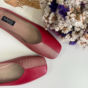 Red Leather Ballet Flats, Golden Stripe Suede Flats Shoes, Women's Unique Custom Shoes, Soft Walking Shoes, Square Toe Slip-on Flat Shoes