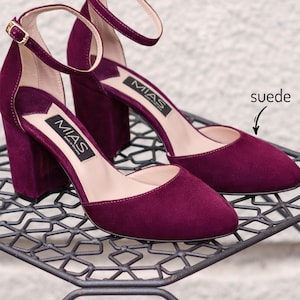 Wedding suede leather shoes, high heel burgundy shoes, fashion closed toe pumps, special occasion women’s shoes, handmade suede shoes