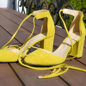 Wedding High Heel Pump Shoes - Custom Lace up Yellow Suede Heels - 3 inch Heel Bridal Shoes for Women - Fashion Shoes for Bride