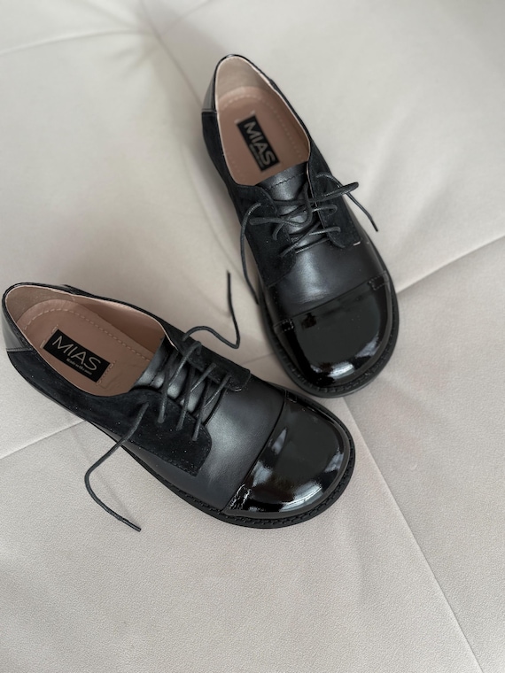 Women’s Barefoot Black Leather Oxford Shoes, Brogue Shoes, Formal Tie Shoes, Custom Color Shoes, Business Dress Code Shoes, Wide Fit Shoes