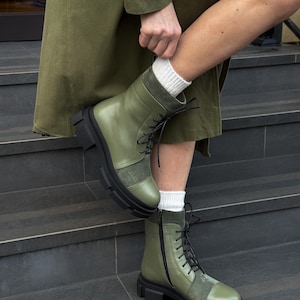 Handmade genuine leather combat boots, military boots, green leather and suede ankle boots, chunky boots, lace up boot, inside zipper boots