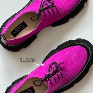 Women’s Leather Platform Shoes, Handmade Oxford Shoes, Color Block Suede Shoes, Office Shoes, Black and Pink Shoe, Tie Shoes, Wide Shoes