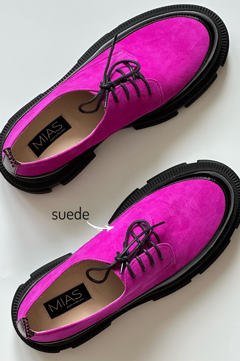Women’s Leather Platform Shoes, Handmade Oxford Shoes, Color Block Suede Shoes, Office Shoes, Black and Pink Shoe, Tie Shoes, Wide Shoes